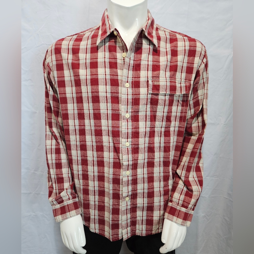 Tommy Jeas Shirt Men's Size XL Red /Tan Plaid  Button Up  100% Cotton preowned